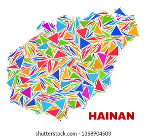 Mosaic Hainan map of triangles in bright colors isolated on a white background. Triangular collage in shape of Hainan map. Abstract design for patriotic decoration.