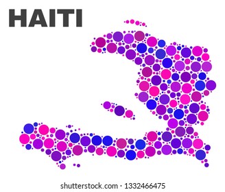 Mosaic Haiti map isolated on a white background. Vector geographic abstraction in pink and violet colors. Mosaic of Haiti map combined of random circle points.