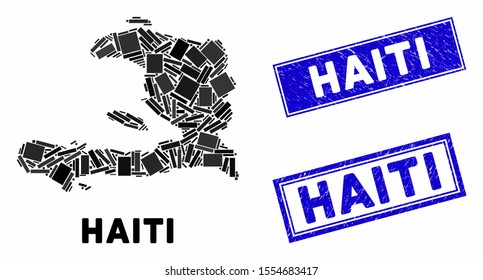 Mosaic Haiti map and rectangular seal stamps. Flat vector Haiti map mosaic of random rotated rectangle items. Blue caption seal stamps with grunged surface.
