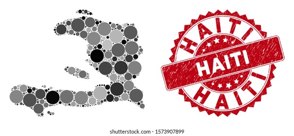 Mosaic Haiti map and round seal. Flat vector Haiti map mosaic of randomized round items. Red rubber seal with rubber design. Designed for political and patriotic propaganda.
