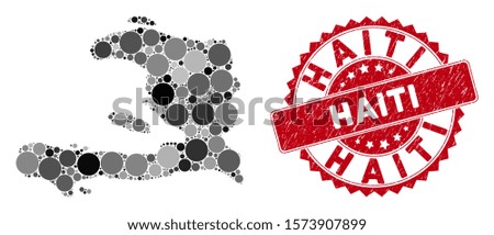 Mosaic Haiti map and round seal. Flat vector Haiti map mosaic of randomized round items. Red rubber seal with rubber design. Designed for political and patriotic propaganda.