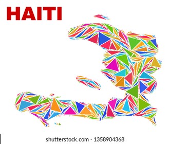 Mosaic Haiti map of triangles in bright colors isolated on a white background. Triangular collage in shape of Haiti map. Abstract design for patriotic purposes.