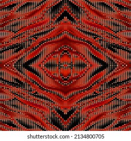 Los cuadrados de medio tono mosaico son un patrón sin fisuras. Fondo ornamental de estilo píxel digital. Fondo de cuadrícula de repetición moderno. Ornamentos de mosaico de fantasía de semitono. Ornate una textura interminable en colores rojos blancos negros.