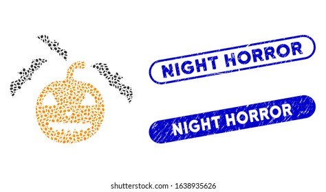 Mosaic halloween bats and corroded stamp seals with Night Horror caption. Mosaic vector halloween bats is formed with random oval items. Night Horror stamp seals use blue color,