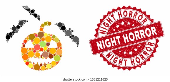 Mosaic halloween bats and distressed stamp seal with Night Horror caption. Mosaic vector is designed with halloween bats icon and with scattered circle elements. Night Horror stamp uses red color,