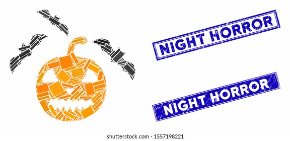 Mosaic halloween bats pictogram and rectangular seal stamps. Flat vector halloween bats mosaic pictogram of scattered rotated rectangular items. Blue caption rubber stamps with scratched texture.