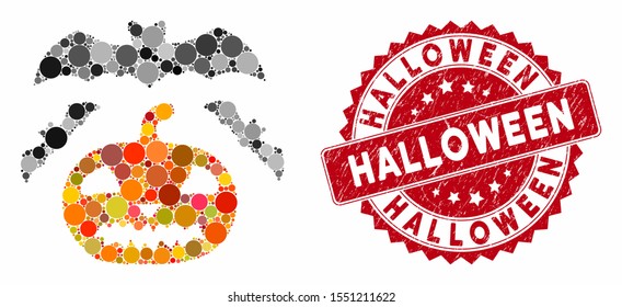 Mosaic halloween and distressed stamp seal with Halloween caption. Mosaic vector is created with halloween icon and with scattered circle items. Halloween seal uses red color, and distress surface.