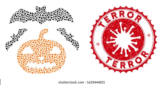 Mosaic halloween icon and red round corroded stamp seal with Terror caption and coronavirus symbol. Mosaic vector is formed with halloween icon and with scattered ellipse spots.