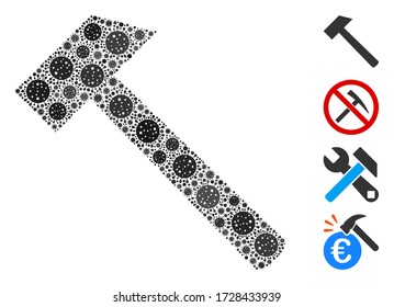 Martillo mosaico diseñado a partir de iconos del virus SARS en tamaños variables y tonos de color. Los iconos virales vectoriales se componen en un icono abstracto de martillo de mosaico. Se añaden algunos iconos adicionales.