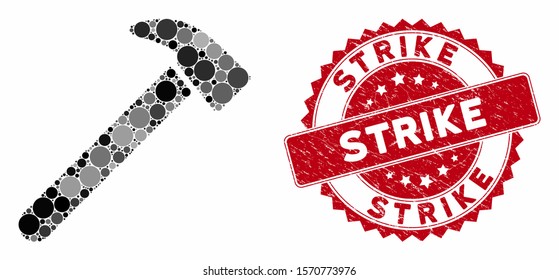 Mosaic hammer and distressed stamp seal with Strike phrase. Mosaic vector is created with hammer icon and with scattered round items. Strike stamp seal uses red color, and distress surface.