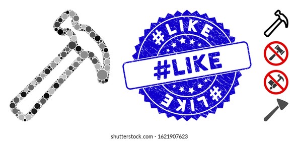 Mosaic hammer icon and distressed stamp seal with #Like text. Mosaic vector is composed with hammer icon and with scattered round spots. #Like stamp uses blue color, and scratched texture.