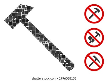 Mosaic Hammer icon organized from square items in random sizes and color hues. Vector square items are combined into abstract illustration hammer icon. Bonus icons are placed.
