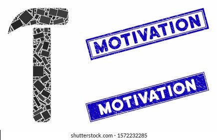Mosaic hammer icon and rectangle Motivation rubber prints. Flat vector hammer mosaic pictogram of random rotated rectangle elements. Blue Motivation rubber stamps with dirty textures.