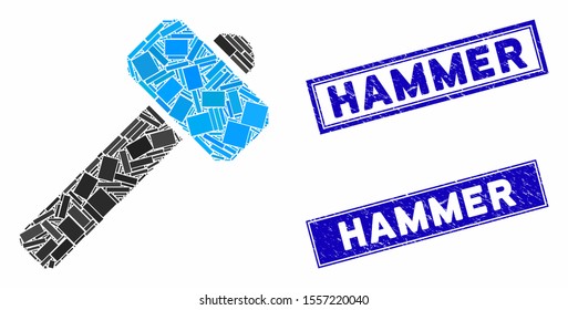 Mosaic hammer icon and rectangle rubber prints. Flat vector hammer mosaic pictogram of randomized rotated rectangle elements. Blue caption stamp imprints with rubber texture.