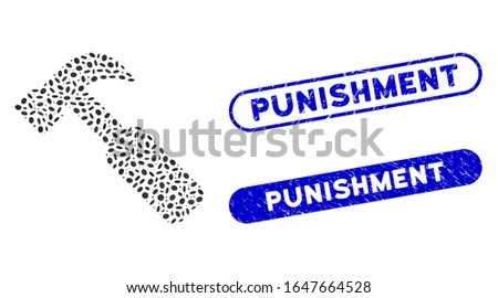 Mosaic hammer and rubber stamp seals with Punishment phrase. Mosaic vector hammer is designed with scattered oval parts. Punishment stamp seals use blue color, and have round rectangle shape.