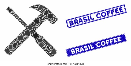 Mosaic hammer and screwdriver tools pictogram and rectangular Brasil Coffee stamps. Flat vector hammer and screwdriver tools mosaic pictogram of random rotated rectangular elements.