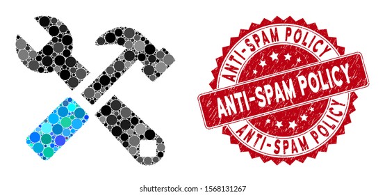 Mosaic hammer and wrench and distressed stamp seal with Anti-Spam Policy phrase. Mosaic vector is created with hammer and wrench icon and with random circle items.