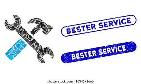 Mosaic hammer and wrench and grunge stamp seals with Bester Service phrase. Mosaic vector hammer and wrench is created with randomized rectangle items. Bester Service seals use blue color,