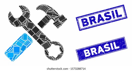 Mosaic hammer and wrench pictogram and rectangular Brasil seal stamps. Flat vector hammer and wrench mosaic pictogram of random rotated rectangular items.