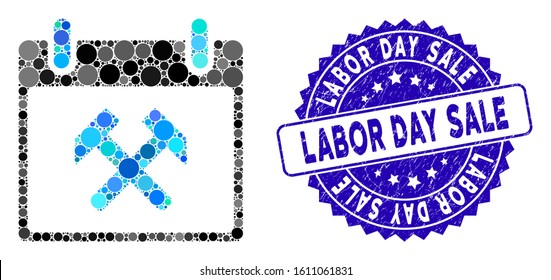 Mosaic hammers calendar day icon and grunge stamp watermark with Labor Day Sale phrase. Mosaic vector is designed from hammers calendar day icon and with random round elements.