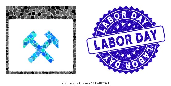 Mosaic hammers calendar page icon and corroded stamp seal with Labor Day phrase. Mosaic vector is designed with hammers calendar page icon and with random circle elements.