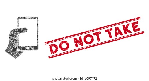 Mosaic hand hold smartphone icon and red Do Not Take rubber print between double parallel lines. Flat vector hand hold smartphone mosaic icon of randomized rotated rectangle elements.