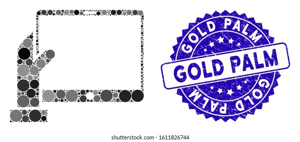 Mosaic hand holds PDA icon and grunge stamp seal with Gold Palm phrase. Mosaic vector is designed with hand holds PDA icon and with scattered spheric spots. Gold Palm stamp seal uses blue color,