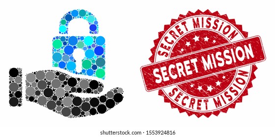 Mosaic hand with lock and rubber stamp seal with Secret Mission text. Mosaic vector is created with hand with lock icon and with random spheric items. Secret Mission stamp seal uses red color,