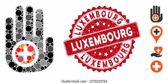 Mosaic hand medical marker icon and rubber stamp seal with Luxembourg text. Mosaic vector is designed with hand medical marker icon and with random round items. Luxembourg stamp seal uses red color,