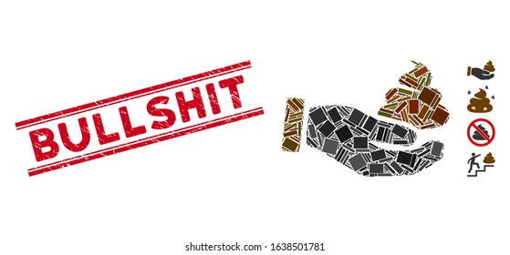Mosaic hand offer shit icon and red Bullshit seal stamp between double parallel lines. Flat vector hand offer shit mosaic icon of scattered rotated rectangle elements.