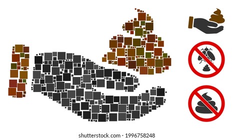 Mosaic Hand offer shit icon designed from square items in random sizes and color hues. Vector square items are composed into abstract mosaic hand offer shit icon. Bonus icons are placed.