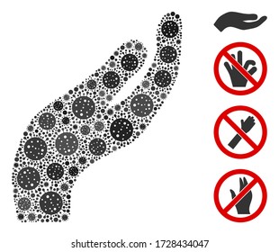 Mosaic hand organized from flu virus elements in different sizes and color hues. Vector infection icons are composed into abstract mosaic hand icon. Some bonus icons are added.