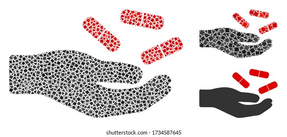 Mosaic Hand with pills icon constructed from uneven parts in various sizes, positions and proportions. Vector rugged elements are organized into abstract mosaic hand with pills icon.