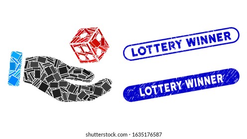 Mosaic hand play dice and corroded stamp seals with Lottery Winner text. Mosaic vector hand play dice is composed with scattered rectangle items. Lottery Winner stamp seals use blue color,