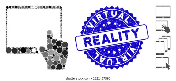 Mosaic hand points mobile tablet icon and corroded stamp seal with Virtual Reality text. Mosaic vector is formed with hand points mobile tablet icon and with scattered circle spots.