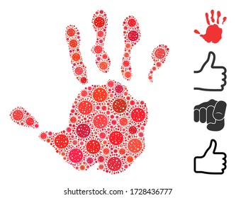 Mosaik Handdruck aus Grippevirus-Icons in zufälligen Größen und Farbtönen. Vector Infektionssymbole werden in abstrakte Collage Hand Print Icons gruppiert. Einige Bonussymbole werden hinzugefügt.