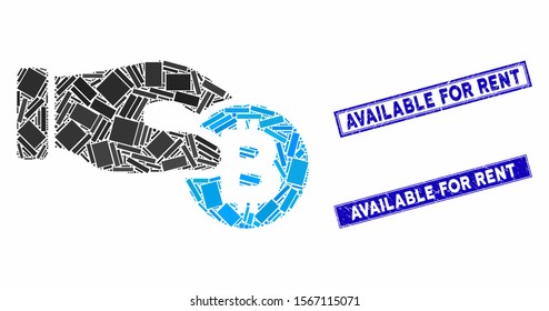 Mosaic hand take Bitcoin icon and rectangle rubber prints. Flat vector hand take Bitcoin mosaic icon of randomized rotated rectangle items. Blue caption rubber stamps with distress surface.
