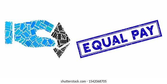 Mosaic hand take Ethereum and corroded stamp seal with Equal Pay caption. Mosaic vector hand take Ethereum is formed with random rectangle items. Equal Pay stamp seal uses blue color.