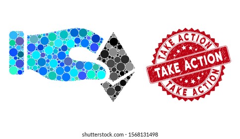 Mosaic hand take Ethereum and grunge stamp watermark with Take Action text. Mosaic vector is created with hand take Ethereum icon and with scattered spheric elements. Take Action seal uses red color,