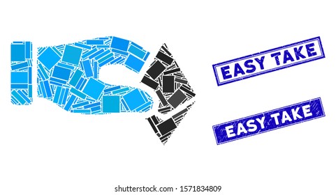 Mosaic hand take Ethereum pictogram and rectangle Easy Take stamps. Flat vector hand take Ethereum mosaic pictogram of randomized rotated rectangle elements.