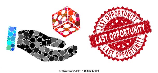 Mosaic hand throw dice and rubber stamp seal with Last Opportunity text. Mosaic vector is created with hand throw dice icon and with randomized circle elements.