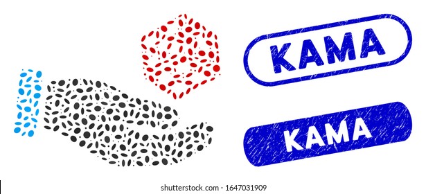 Mosaic hand throw dice and rubber stamp seals with Kama caption. Mosaic vector hand throw dice is formed with random oval dots. Kama stamp seals use blue color, and have round rectangle shape.