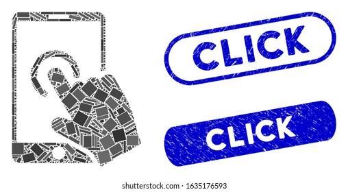 Mosaic hand touch smartphone and grunge stamp seals with Click phrase. Mosaic vector hand touch smartphone is created with scattered rectangle items. Click stamp seals use blue color,