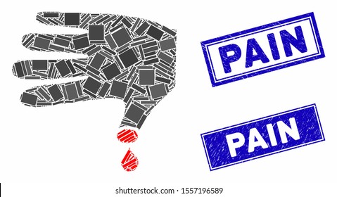 Mosaic hand wound pictogram and rectangle stamps. Flat vector hand wound mosaic pictogram of randomized rotated rectangle elements. Blue caption stamps with grunged surface.