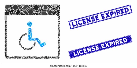 Mosaic handicapped calendar page icon and rectangular License Expired rubber prints. Flat vector handicapped calendar page mosaic icon of randomized rotated rectangular elements.