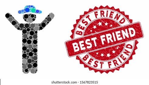 Mosaic hands up gentleman and corroded stamp seal with Best Friend text. Mosaic vector is formed with hands up gentleman icon and with random round items. Best Friend stamp uses red color,