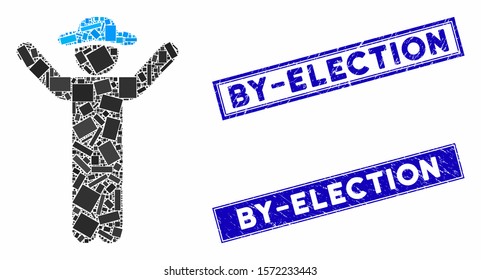 Mosaic hands up gentleman icon and rectangular By-Election seal stamps. Flat vector hands up gentleman mosaic icon of scattered rotated rectangular elements.