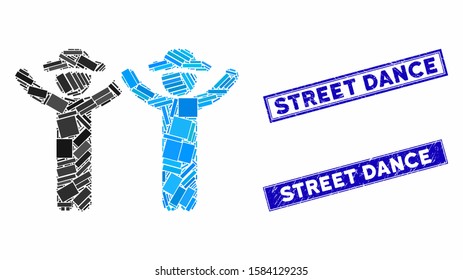 Mosaic hands up gentlemen icon and rectangular Street Dance seal stamps. Flat vector hands up gentlemen mosaic icon of randomized rotated rectangle elements.