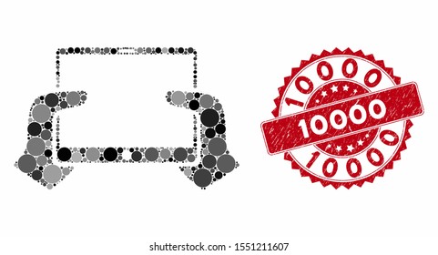 Mosaic hands hold PDA and corroded stamp seal with 10000 caption. Mosaic vector is formed with hands hold PDA icon and with random circle elements. 10000 stamp uses red color, and grunged texture.