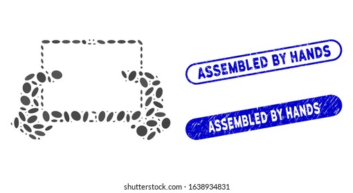 Mosaic hands hold PDA and distressed stamp seals with Assembled by Hands text. Mosaic vector hands hold PDA is created with scattered oval spots. Assembled by Hands stamp seals use blue color,